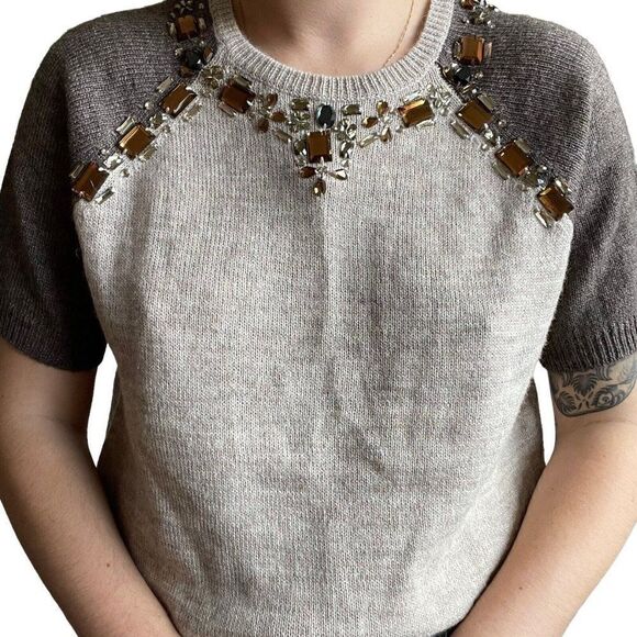 NWOT J Crew Womens Alpaca Wool Blend Crew Jewel Embroidered Short Sleeve Sweater - Picture 4 of 10